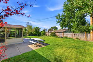 Expansive green lawn with mature trees and a privacy fence