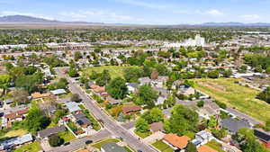 Aerial perspective showcasing a residential neighborhood with green spaces and established trees