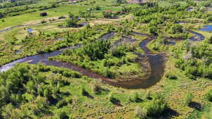 Winding river with lush green banks and extensive tree coverage