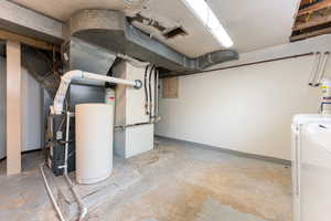 Utility room featuring a furnace, water heater, and exposed ductwork