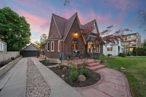 Brick exterior with a distinctive gabled roofline