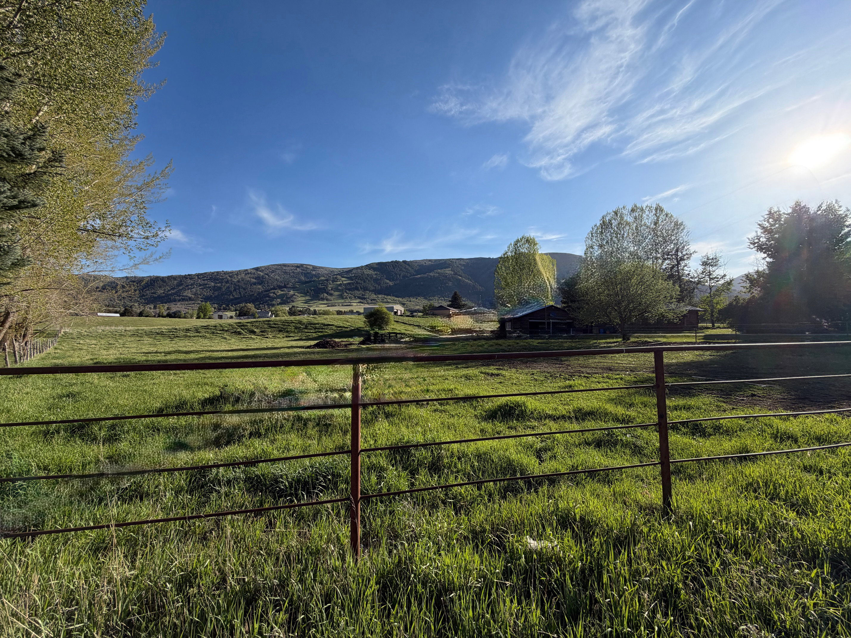 Expansive green pastureland with distant mountain backdrop, featuring a visible fence line, mature trees, and a distant building structure