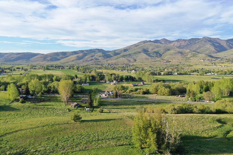 Expansive rural landscape featuring distant mountains, verdant fields, and scattered mature trees