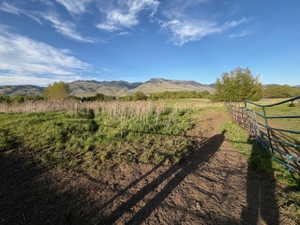 Expansive acreage featuring natural grasslands and distant mountain ranges under a blue sky with scattered clouds
