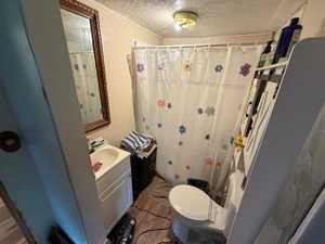 Compact bathroom featuring a shower stall, a single vanity with a white basin sink, and wood-finish flooring