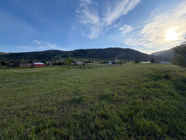 Expansive green pastureland with distant mountain ranges