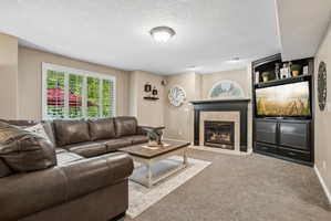 Spacious living area featuring neutral carpeting and light beige walls