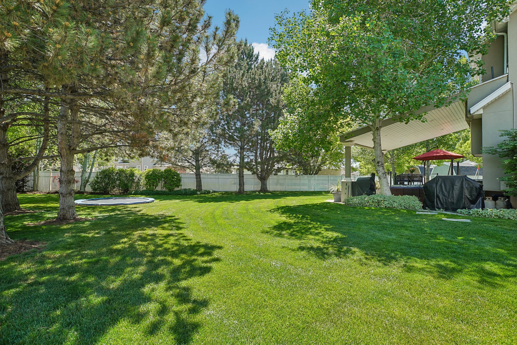 Expansive green lawn with mature trees providing natural shading