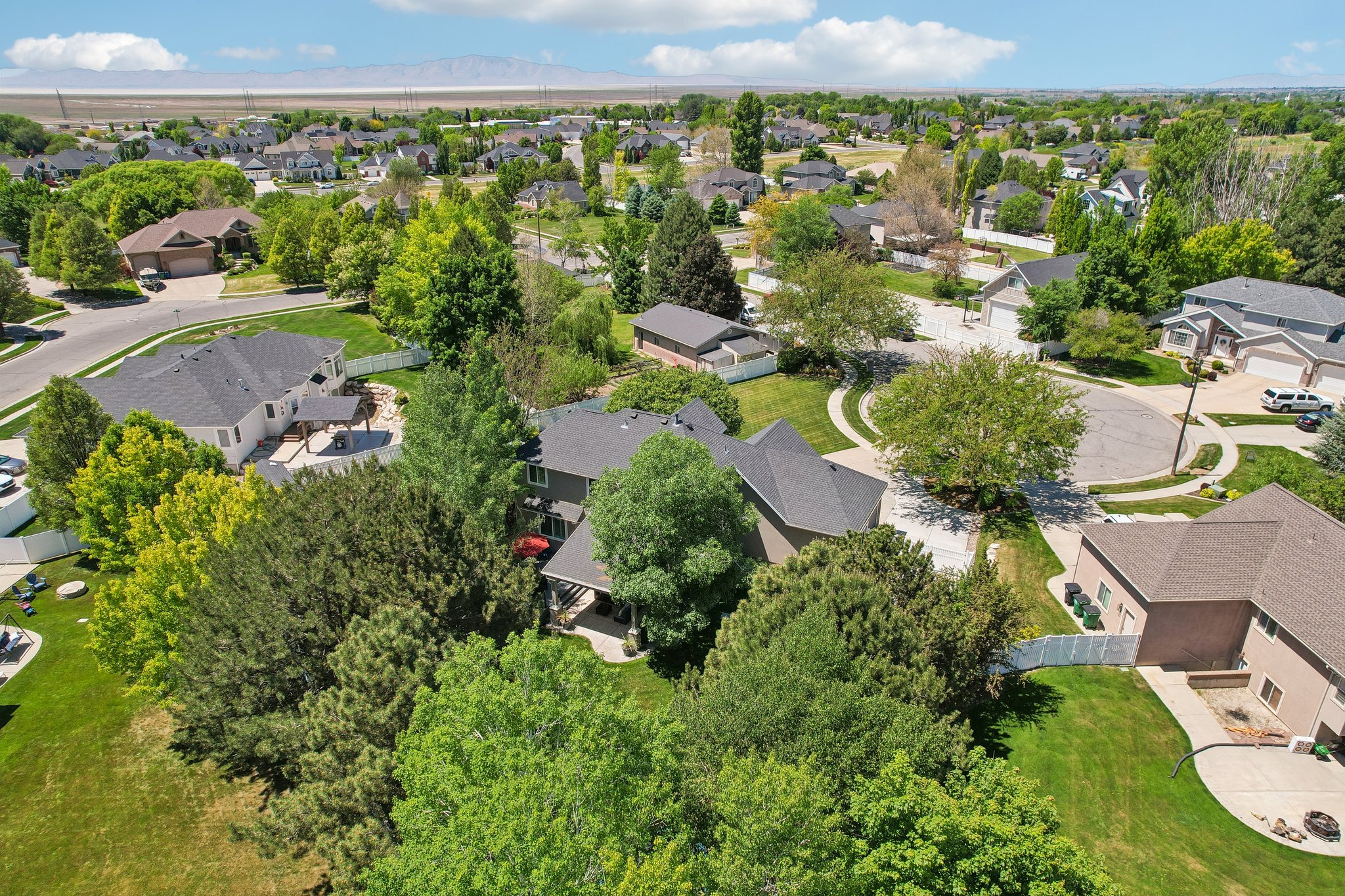 Expansive residential neighborhood featuring numerous properties, mature trees, and a distant mountain range