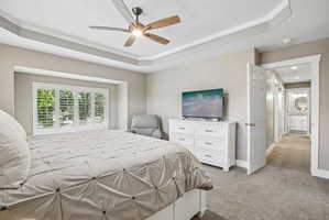Recessed tray ceiling with crown molding, wood-finish ceiling fan, and plush carpet flooring