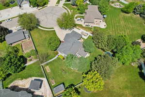 Expansive property featuring a mature tree canopy, manicured lawns, a paved driveway, and an extensive rear patio