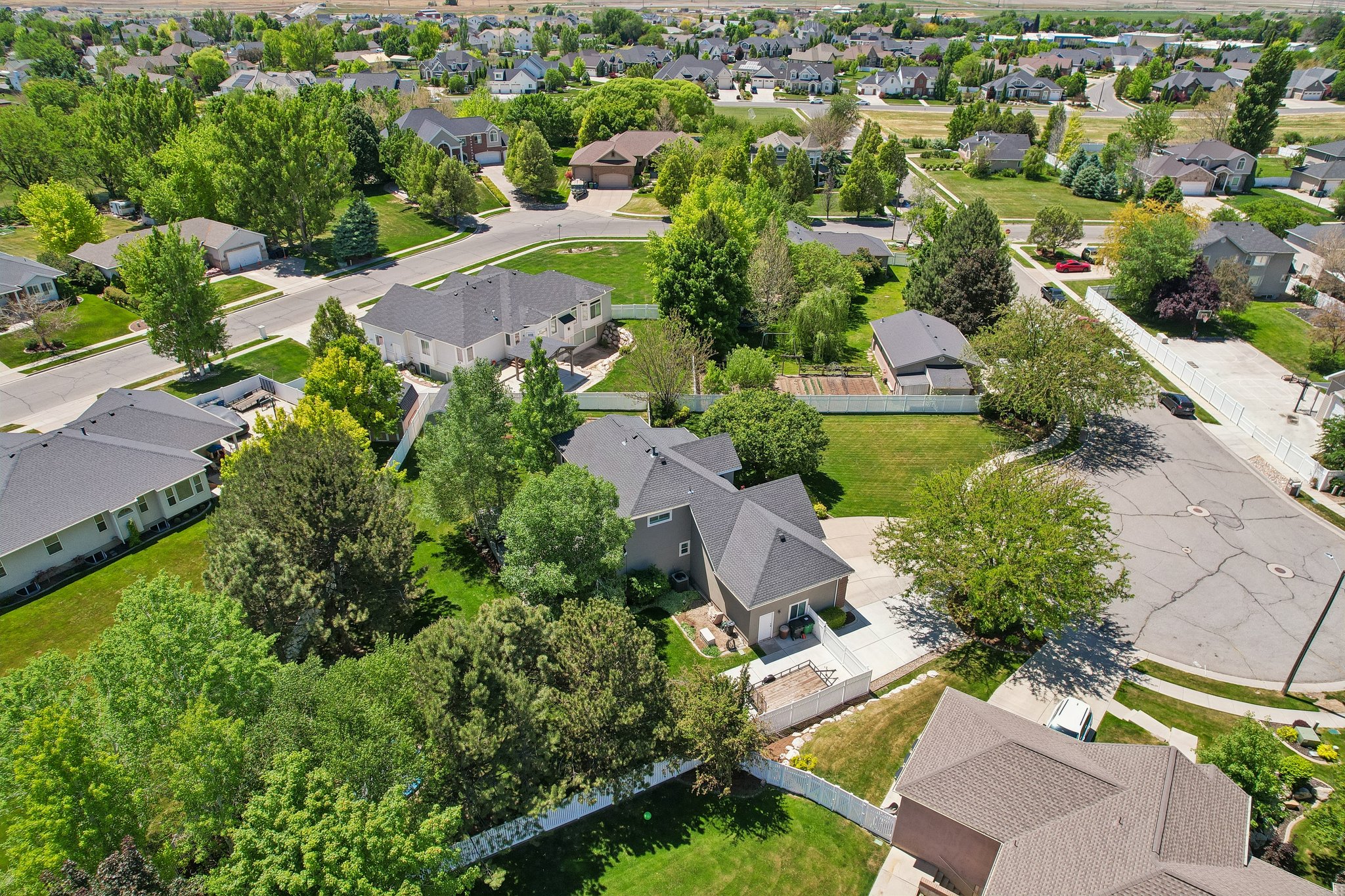 Residential neighborhood featuring mature trees and established homes with dark roofs