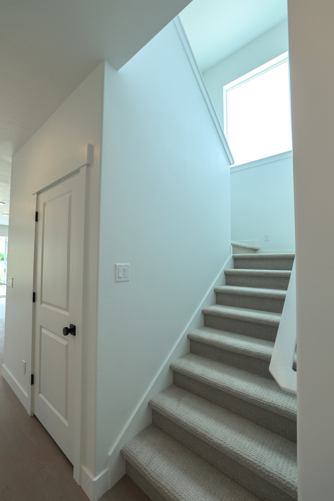 Carpeted staircase with white risers and a prominent upper-level window
