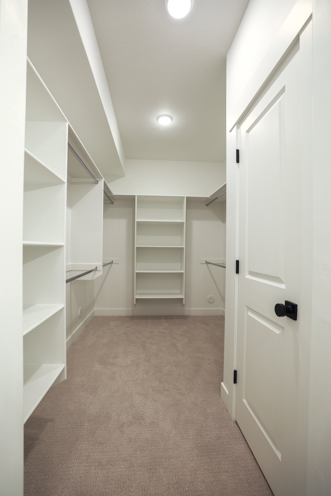 Walk-in closet with integrated shelving, hanging rods, recessed lighting, and neutral tone carpeting