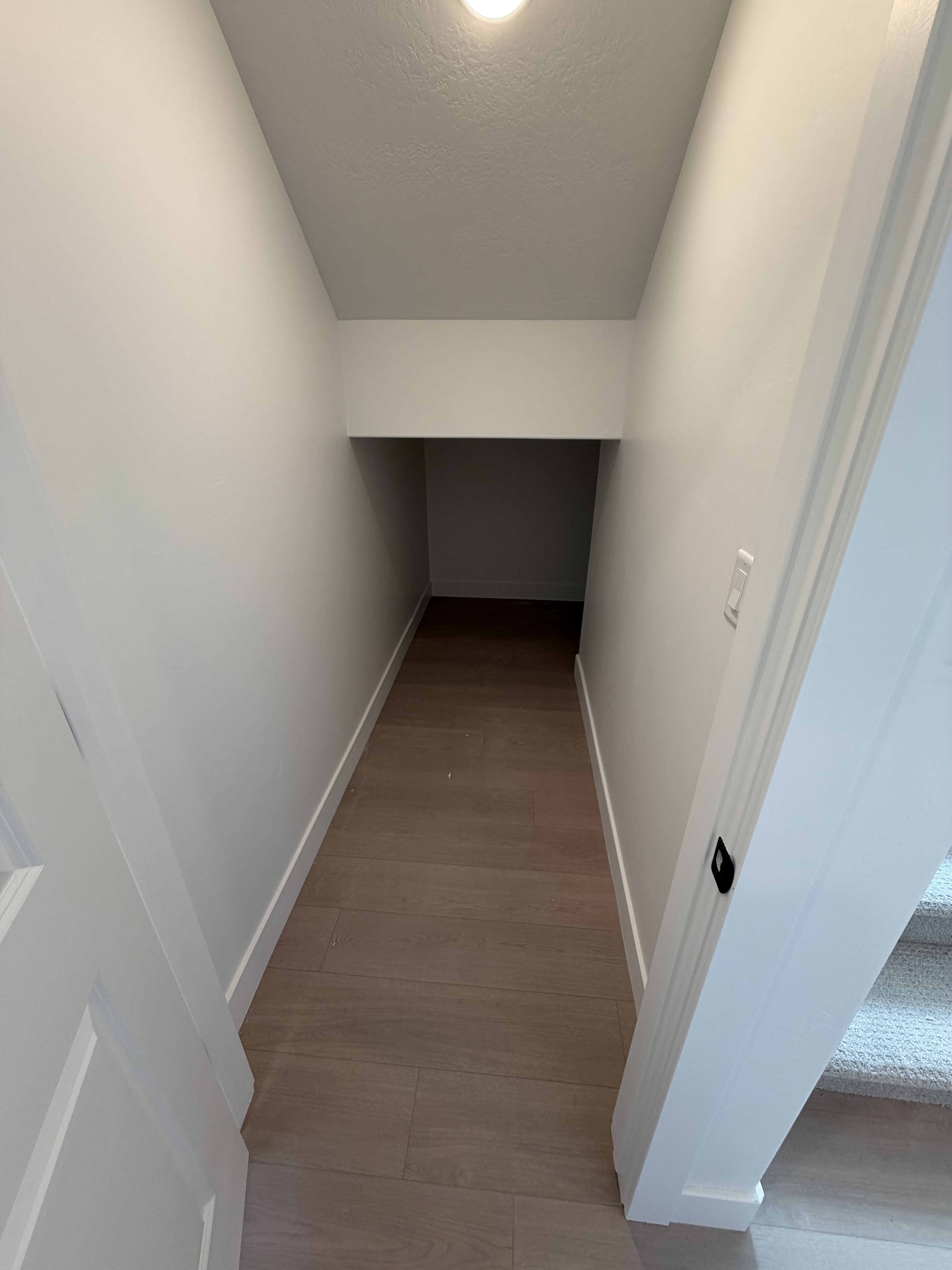Storage area featuring wood-finish flooring, white baseboards, and a built-in overhead light