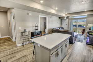 Central kitchen island with a light-toned countertop, wood-finish flooring, recessed lighting, neutral wall paint, and sliding glass doors to the exterior