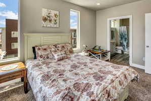 Carpeted bedroom with neutral wall tones and abundant natural light from two tall windows