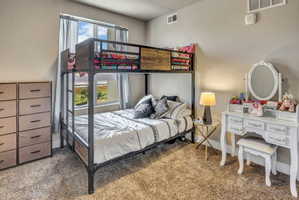 Carpeted room featuring light neutral walls and a window with curtains
