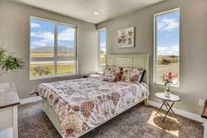 Spacious room featuring multiple windows, carpet flooring, recessed lighting, and clean baseboards