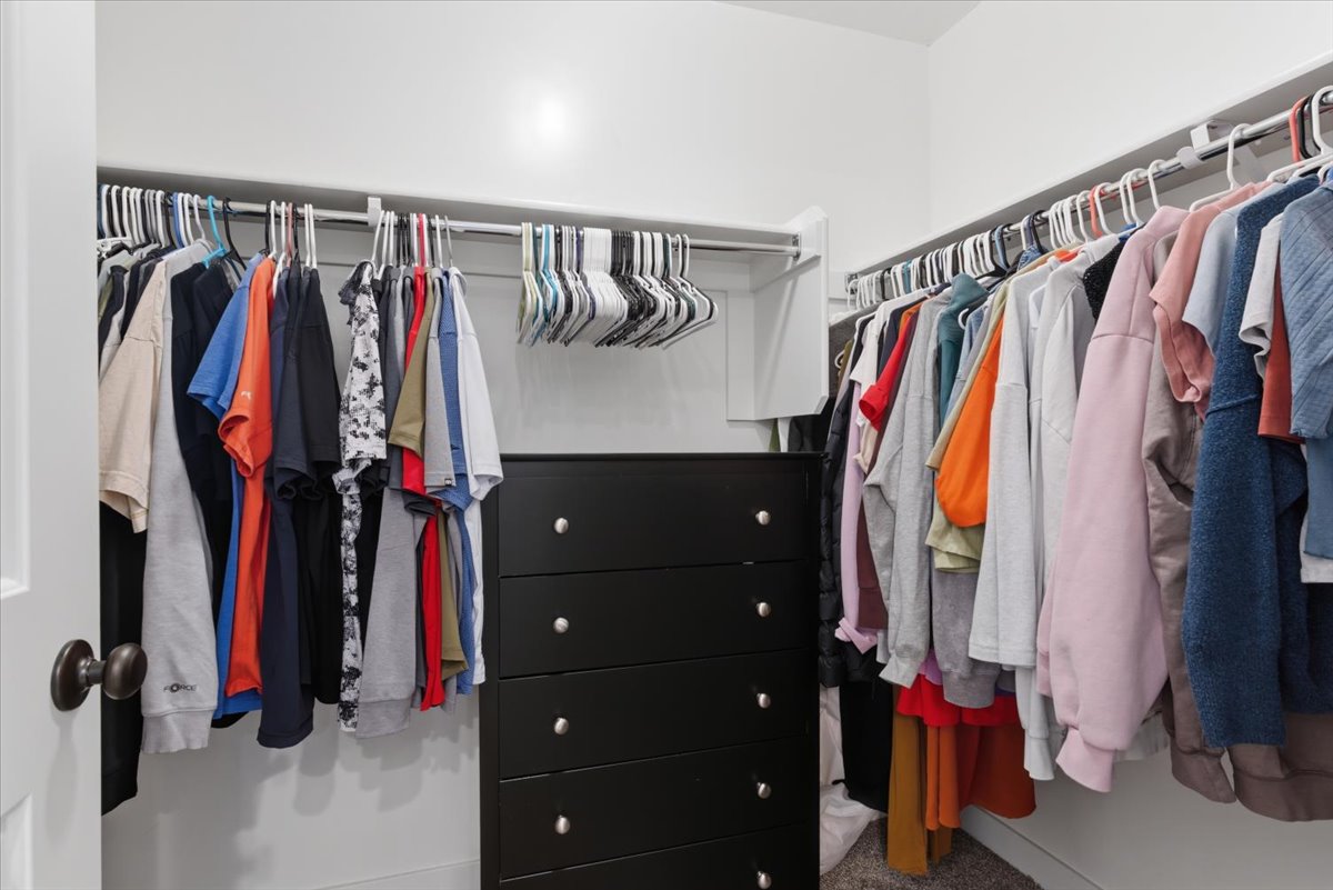 Walk-in closet with built-in black dresser and ample hanging space