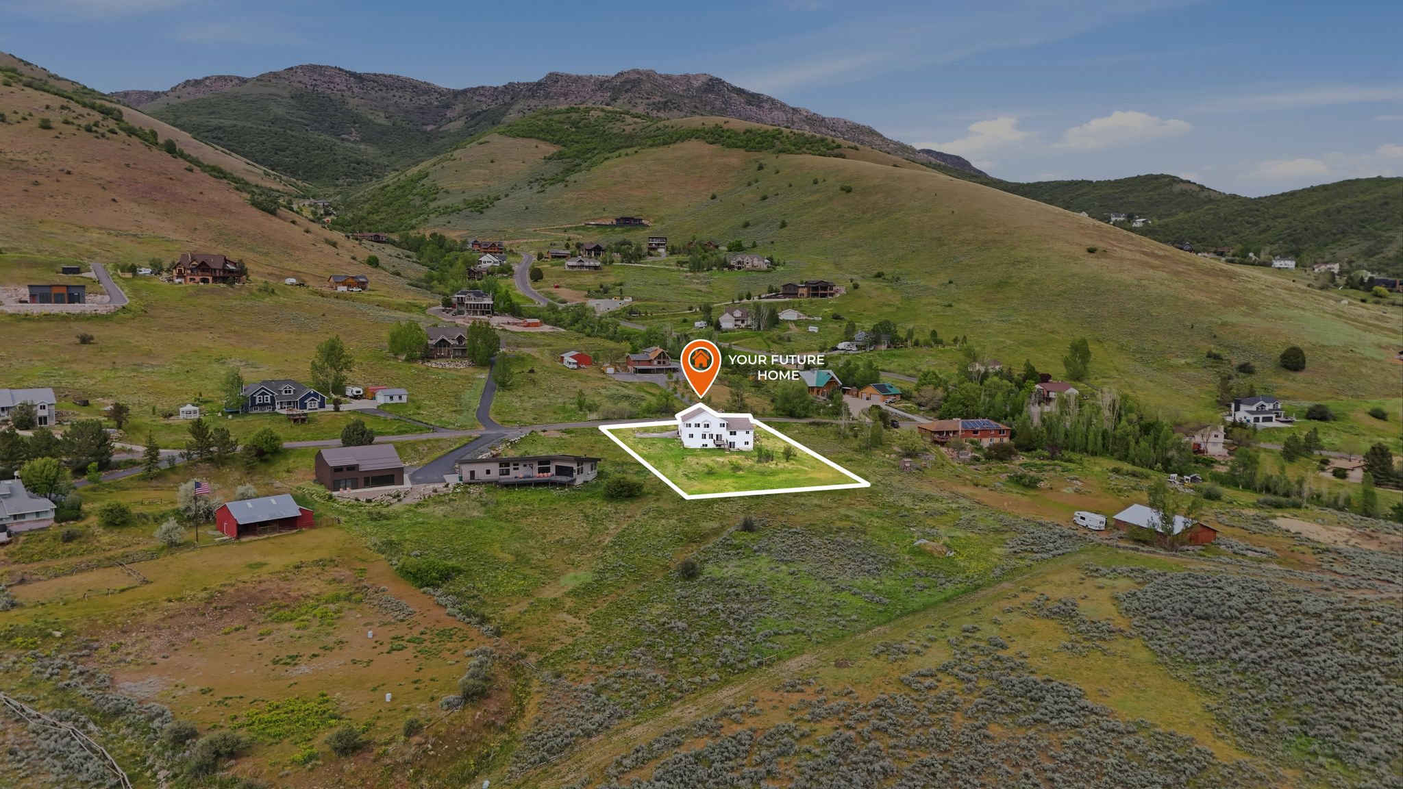 Elevated property featuring a white two-story residence, surrounded by expansive green hillsides