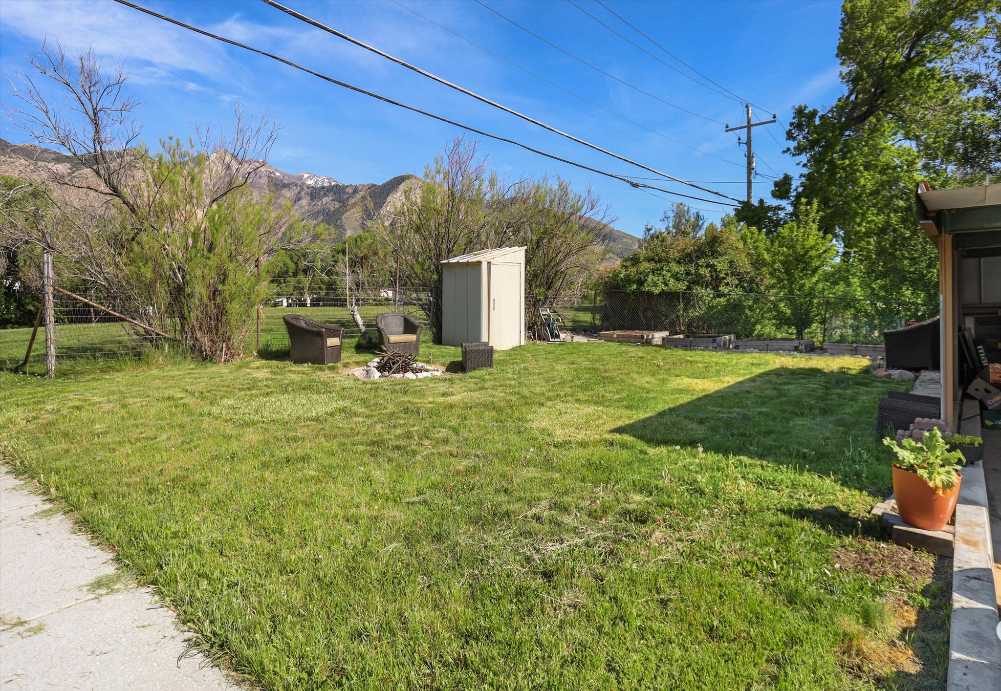 Expansive green lawn with a storage shed and mature perimeter trees