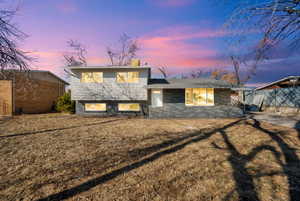 Split-level exterior featuring a combination of gray horizontal siding and dark gray brickwork