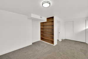 Room featuring built-in wood shelving, neutral carpeting, and white walls