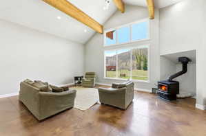 Vaulted ceiling with exposed wood beams