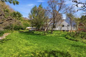 Expansive green lawn with mature trees and a distant mountain backdrop