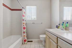 Bathroom featuring a single vanity with a laminate countertop, an integrated sink, and wood-finish cabinetry