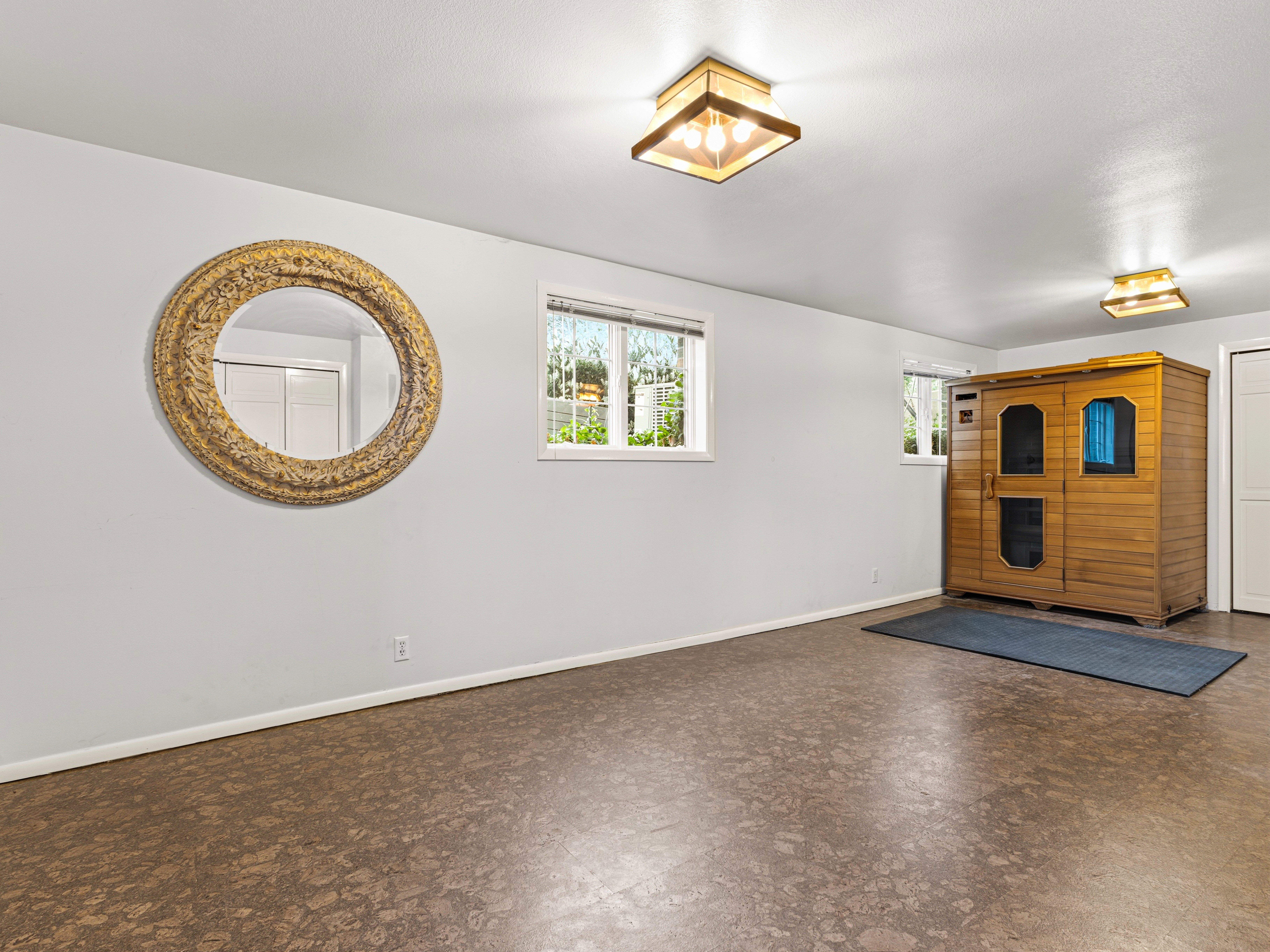 Spacious room featuring wood-finish flooring, white walls, and dual flush-mount ceiling lights