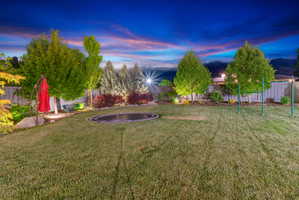 Expansive lawn featuring mature trees and landscaped shrubbery with accent lighting
