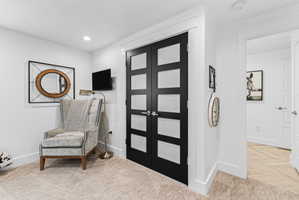 Double doors with frosted glass panels, white trim, and dark hardware