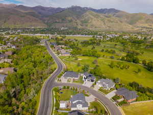 Aerial perspective showcasing a residential area with varied architectural styles, mountain backdrop, and green spaces