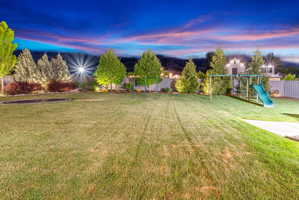 Expansive backyard featuring a manicured lawn, mature trees, and a concrete patio
