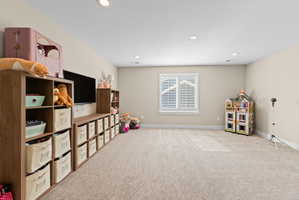 Spacious room featuring neutral carpeting, recessed lighting, and a window with white louvered blinds