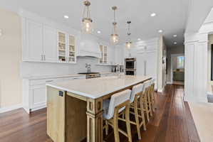 Gourmet kitchen featuring white cabinetry, a large center island with seating, stainless steel appliances, pendant lighting, and wood-finish flooring