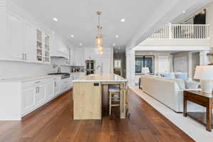 Gourmet kitchen featuring white shaker cabinetry, an expansive central island with seating, stainless steel appliances, and wood-finish flooring