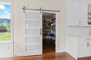 White barn door with frosted glass panels, wood-finish flooring, and white cabinetry with brushed nickel hardware
