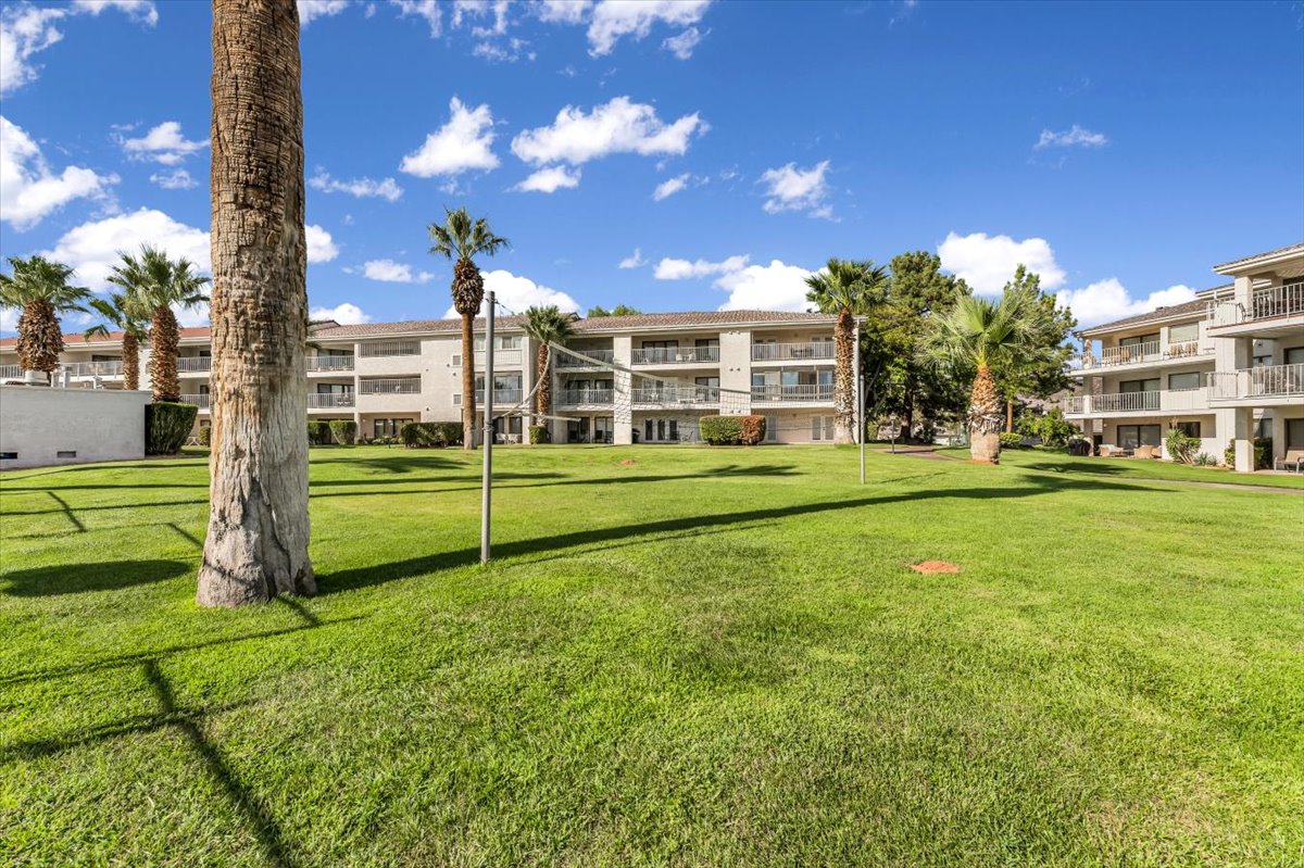 Expansive green lawn with mature palm trees and multi-story buildings featuring balconies