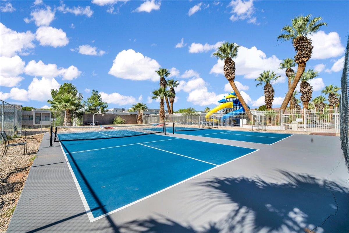 Dual sports courts featuring a blue and gray surface, surrounded by palm trees, with a playground structure visible in the background