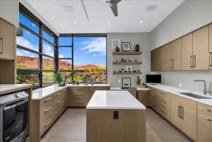 Contemporary utility space featuring expansive window walls, light wood-finish cabinetry, white countertops, a built-in sink with a gooseneck faucet, and a central island workspace
