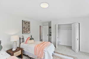 Bright room featuring light gray carpeting and white walls