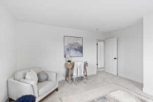 Bright room featuring light-toned carpeting and white walls