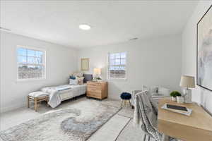 White walls throughout, two large windows, recessed ceiling light, light-colored carpeting, and baseboard trim