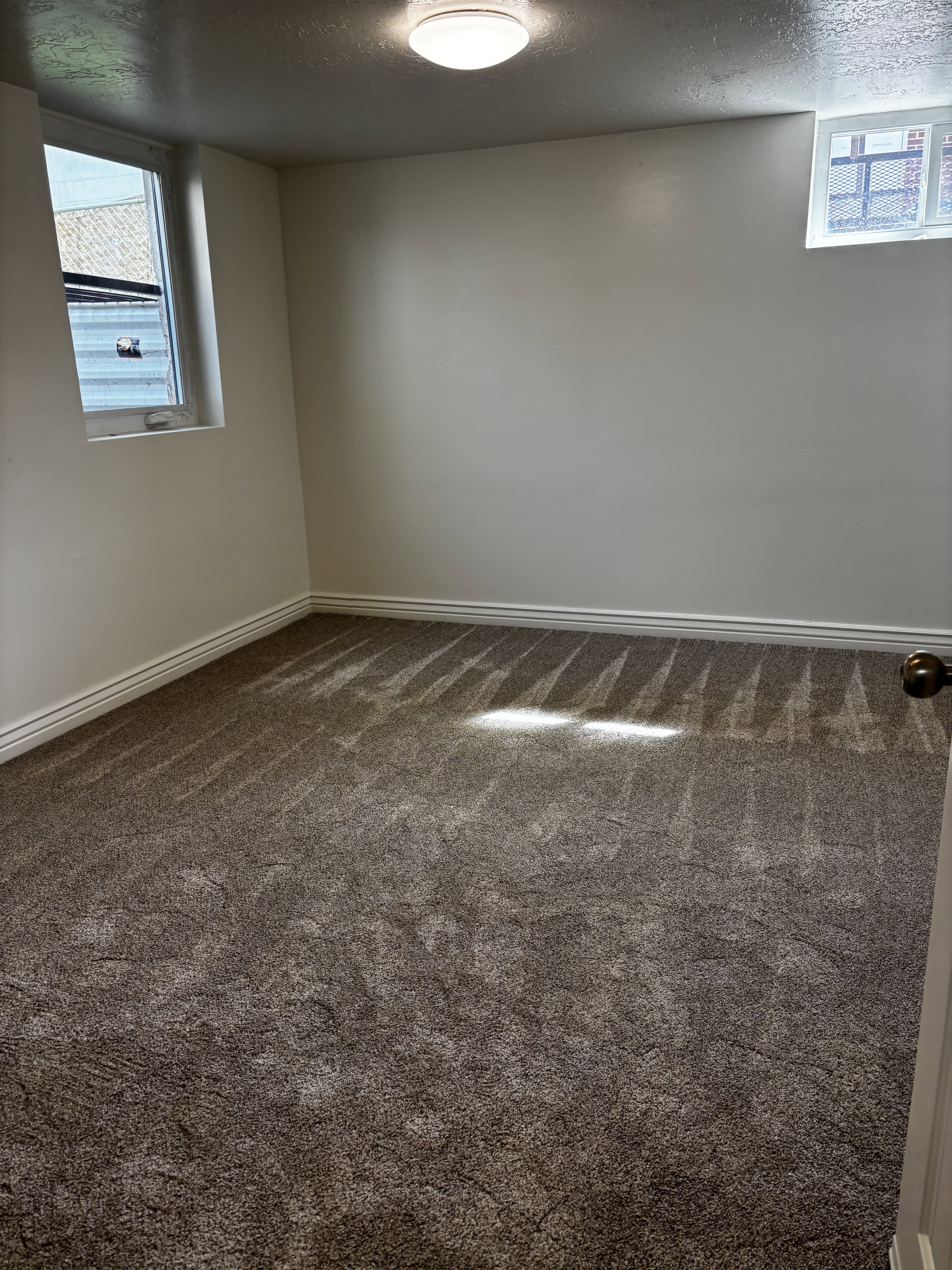 Neutral wall paint with textured carpet flooring, white baseboards, and two windows