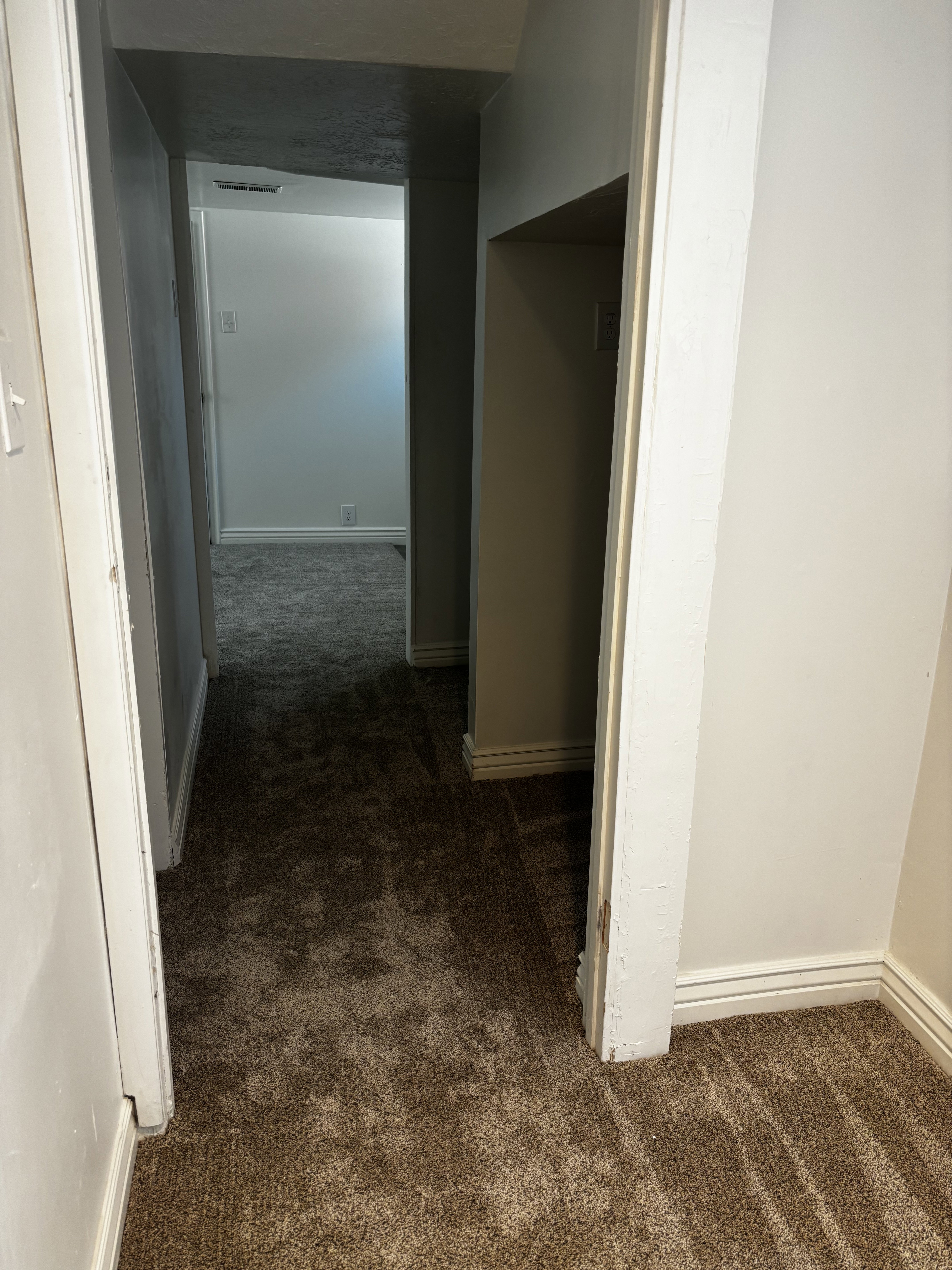 Carpeted hallway featuring white painted walls and baseboards