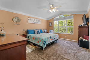 Master bedroom featuring vaulted ceilings, crown molding, a multi-pane arched window, and plush carpet flooring