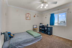 Bedroom with neutral wall paint and brown carpet